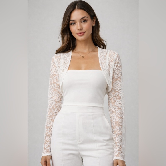 Belle Poque Tops - Belle Poque White Lace Cropped Bolero Shrug Long Sleeve Bridal Formal Top 2XL